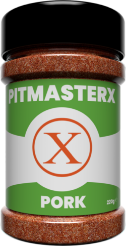 Pitmaster X pork rub. Kryddburk med grön och vit etikett. Skapad för att krydda fläsk